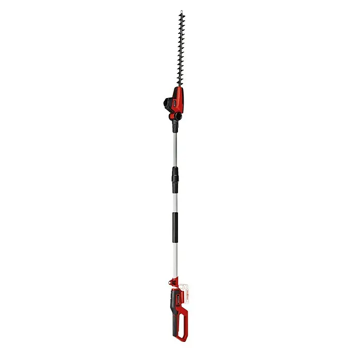 Einhell Power X-Change 18V Teleskop-Heckenschere GC-HH 18/45 LI T-SO - 18 V, Li-Ionen, Ohne Akku, Schnittlänge: 41 cm - Abbildung einer Akku-Teleskop-Heckenschere, die für das Trimmen von hohen Hecken und Sträuchern konzipiert ist. Das Gerät ist rot und schwarz.
