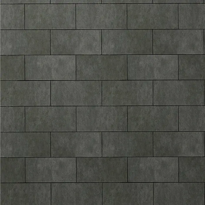 Palazzo Feinsteinzeugfliese Forum - 30 x 60 cm, Schwarz, Matt - Graue Ziegelwand. Die Ziegel sind im Mauerverband angeordnet und verleihen ein modernes, industrielles Erscheinungsbild mit dunklen Fugen.