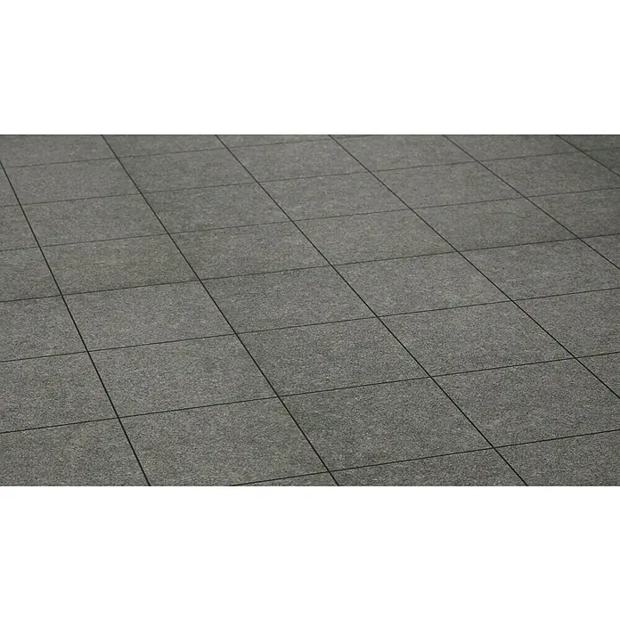 Feinsteinzeugfliese Recon - 60 x 60 cm, Schwarz, Matt - Nahaufnahme von quadratischen, grauen Bodenfliesen mit dunklen Fugen, die ein modernes und robustes Erscheinungsbild erzeugen.