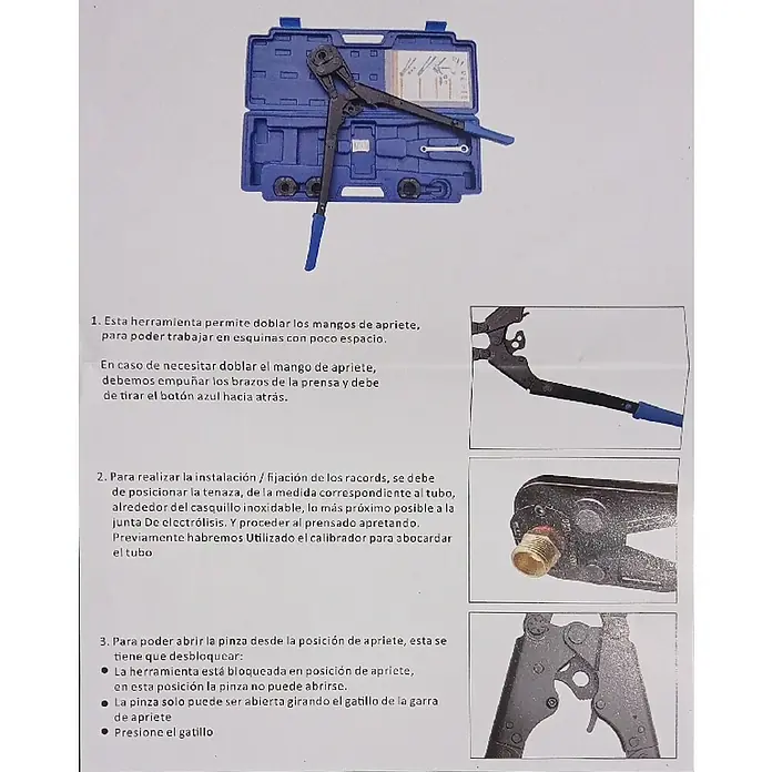 Isoltubex Prensadora MMCF - Diámetro del tubo: 16 mm - 32 mm, Modelo cabezal: Fijo - Una herramienta para doblar tubos con accesorios en un maletín azul, junto con un manual de instrucciones.