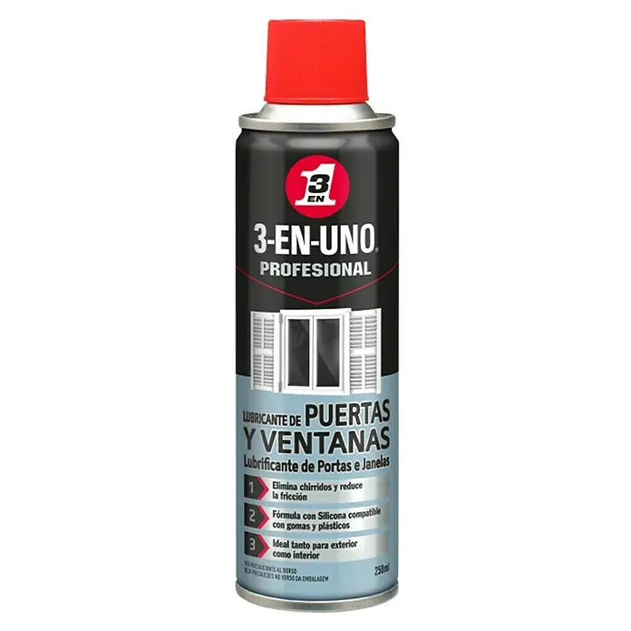 3 en 1 Lubricante - 250 ml, Apto para: Rieles de guía - Imagen de una lata de lubricante profesional 3-EN-UNO para puertas y ventanas, ideal para uso en interiores y exteriores.