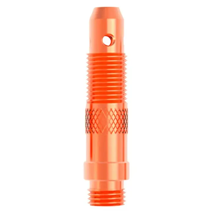 Solter Soporte de boquilla - Diámetro: 1,6 mm, 2 ud. - Imagen de un purgador de freno cilíndrico naranja con ranuras y un orificio lateral sobre un fondo negro.