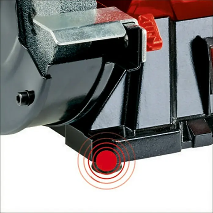 Einhell Esmeriladora doble eléctrica TC-BG 200 L - 400 W, 2.980 r.p.m. - Vista detallada de una amoladora de banco, apoyada sobre una base negra robusta, destacada con círculos rojos.