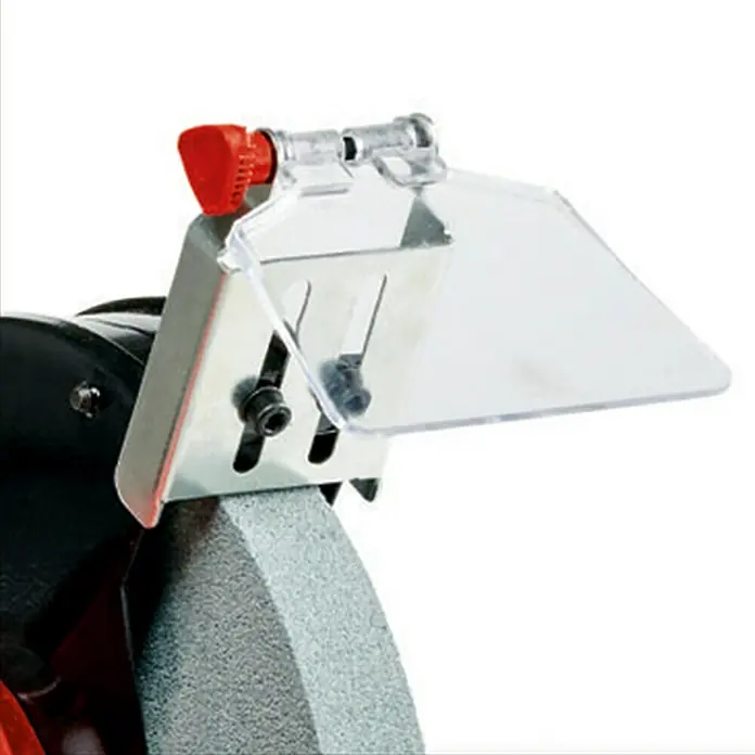 Einhell Esmeriladora doble eléctrica TC-BG 200 L - 400 W, 2.980 r.p.m. - Primer plano de una amoladora de banco con protección y un botón rojo para el ajuste.