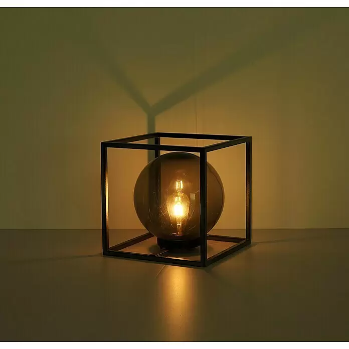 Globo Solar-Dekoleuchte Würfel - L x B x H: 30 x 30 x 30 cm, Schwarz, IP44 - Moderne Tischlampe mit schwarzem Metallwürfelrahmen und leuchtender Rauchglassphäre mit Glühfadenbirne.