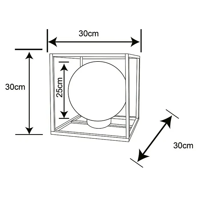 Globo Solar-Dekoleuchte Würfel - L x B x H: 30 x 30 x 30 cm, Schwarz, IP44 - Abbildung einer Leuchte mit den Maßen 30x30x30cm und einer Kugel mit 25cm Durchmesser, dargestellt in einer technischen Zeichnung.