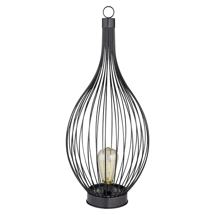 Globo Solar-Dekoleuchte - 0,06 W, Schwarz, Amber, IP44 - Eine moderne Tischleuchte mit einem schwarzen, drahtförmigen Lampenschirm und einer Glühbirne im Vintage-Stil.