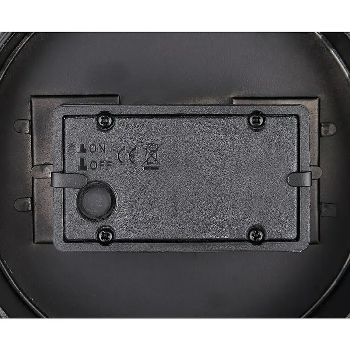 Globo Solar-Dekoleuchte - 0,06 W, Schwarz, Amber, IP44 - Detailaufnahme der schwarzen Batterieabdeckung mit Schrauben und Ein/Aus-Schalter eines Produkts.