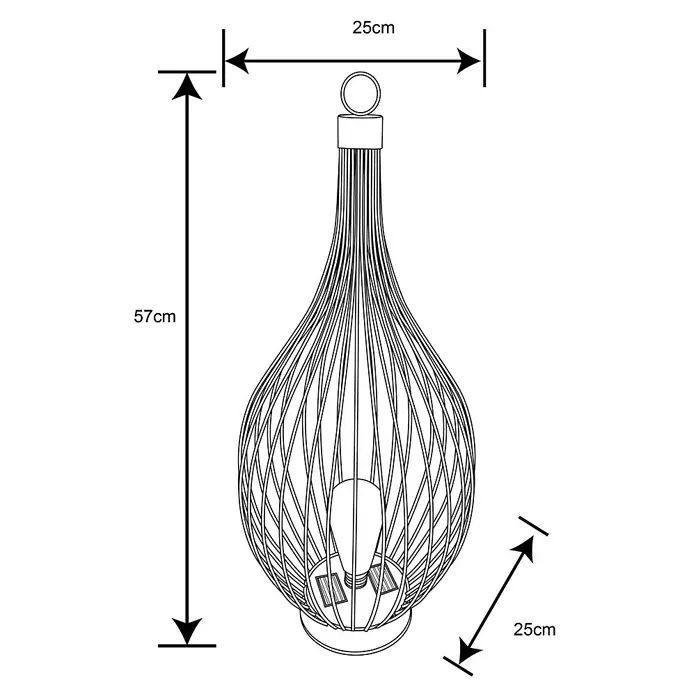 Globo Solar-Dekoleuchte - 0,06 W, Schwarz, Amber, IP44 - Draufsicht der Pendelleuchte mit Drahtgeflecht und den Maßen 57cm Höhe und 25cm Durchmesser.