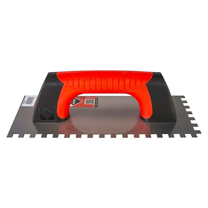 Rubi Llana dentada Rubiflex - 120 x 280 mm, Dientes 8x8, Mango bimaterial - Imagen de una llana dentada Rubi, una herramienta de alicatador con mango rojo y borde dentado para una aplicación precisa del adhesivo.