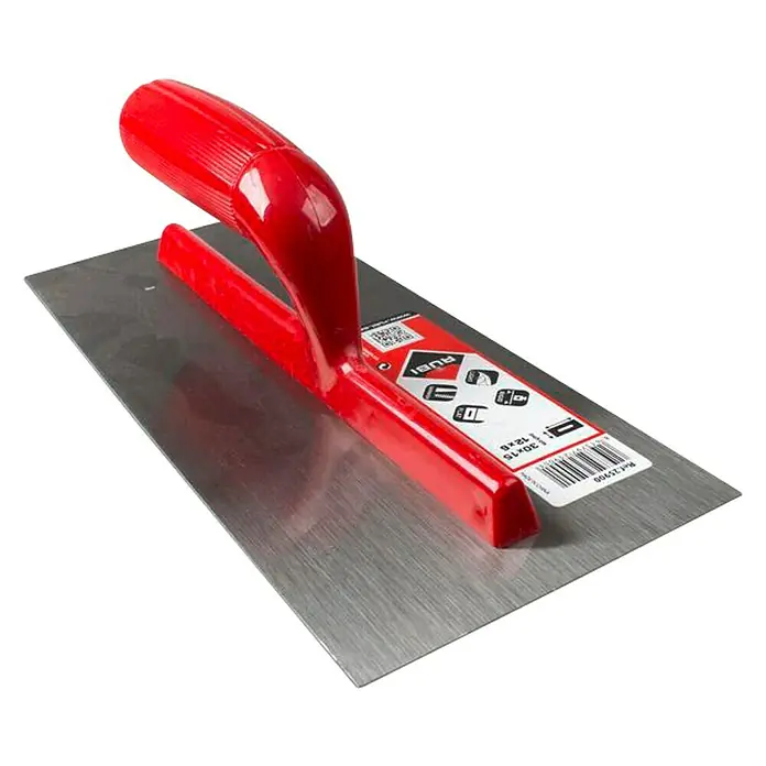 Rubi Llana - 120 x 280 mm - Primer plano de una llana para azulejos RUBI con mango rojo y hoja plateada. Ideal para una aplicación precisa de adhesivo para azulejos.