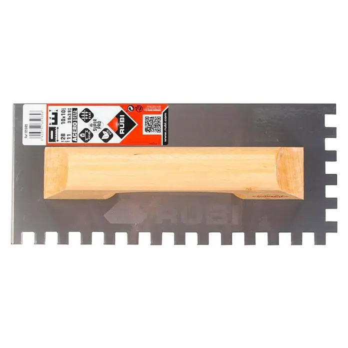 Rubi Llana dentada - 120 x 280 mm, Mango de madera, Dientes 10x10 - Llana dentada RUBI con mango de madera, ideal para la aplicación precisa de adhesivo en trabajos de colocación de azulejos.