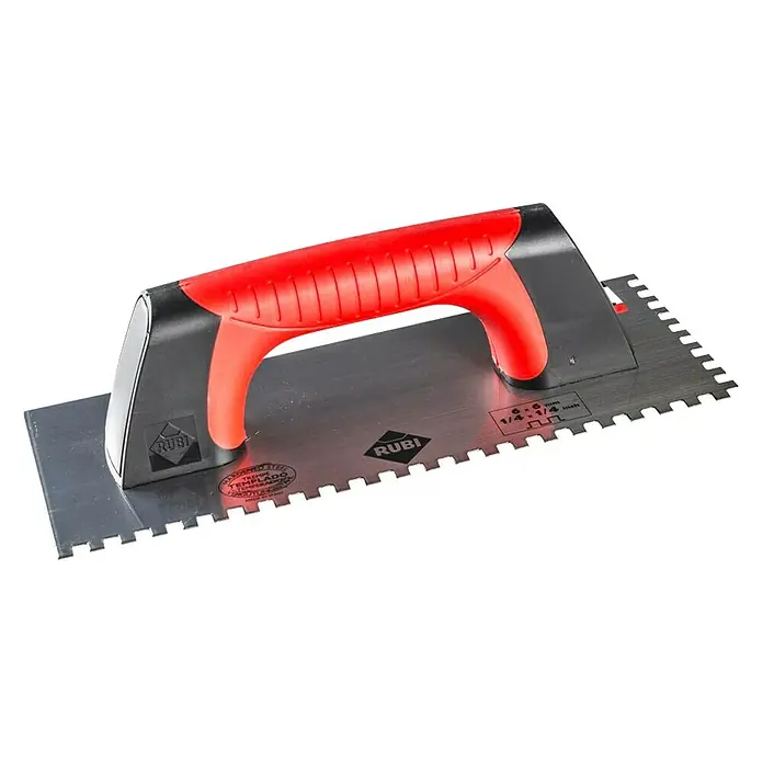 Rubi Llana dentada Rubiflex - 120 x 280 mm, Dientes 6x6, Mango bimaterial - Llana dentada RUBI con mango rojo. Perfecta para aplicar adhesivos y mortero uniformemente al instalar azulejos.