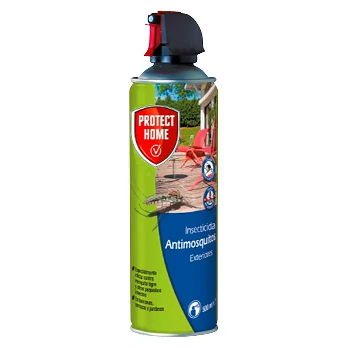 Antimosquitos exteriores - 500 ml - La imagen muestra una lata de spray insecticida Protect Home Antimosquitos, diseñado para uso exterior contra los mosquitos.