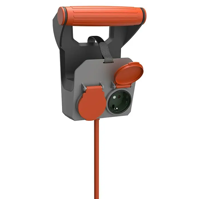 Verlängerungskabel RollON - 10 m, Grau/Rot, IP44, H05VV-F - Das Bild zeigt eine tragbare Ladestation mit orangefarbenem Griff und zwei Steckdosen mit Abdeckungen, ideal für den mobilen Einsatz.