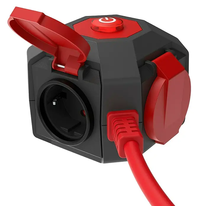 Steckdosenball - Grau/Rot, 1,4 m, IP44 - Ein grauer und roter Mehrfachstecker mit Schutzkontaktsteckdose und rotem Stromkabel.
