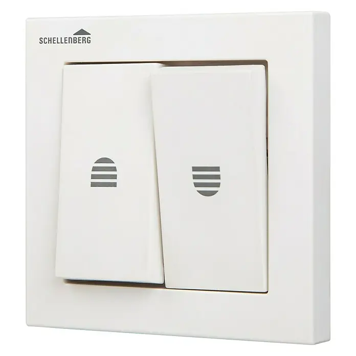 Schellenberg Interruptor para persianas - Interruptor basculante doble, Específico para: Persianas, toldos y estores motorizados - Primer plano de un interruptor de pared Schellenberg blanco para persianas enrollables, con dos botones para controlar el movimiento arriba y abajo.