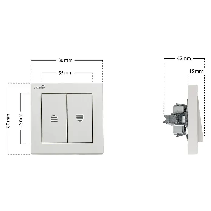 Schellenberg Interruptor para persianas - Interruptor basculante doble, Específico para: Persianas, toldos y estores motorizados - Dimensiones del interruptor Schellenberg para control de persianas enrollables, con un ancho y alto de 80 mm y una profundidad de 45 mm.