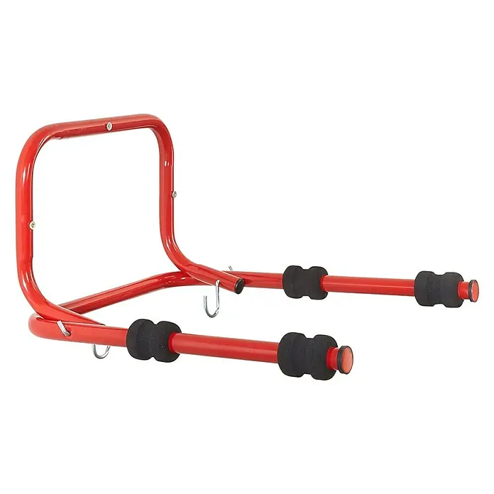 Mottez Fahrrad-Wandhalter - Geeignet für: 2 Fahrräder, Rot, Klappbar - Wandmontierter Fahrradträger in Rot. Der Fahrradträger hat Halterungen und Polster zum Schutz der Fahrräder.