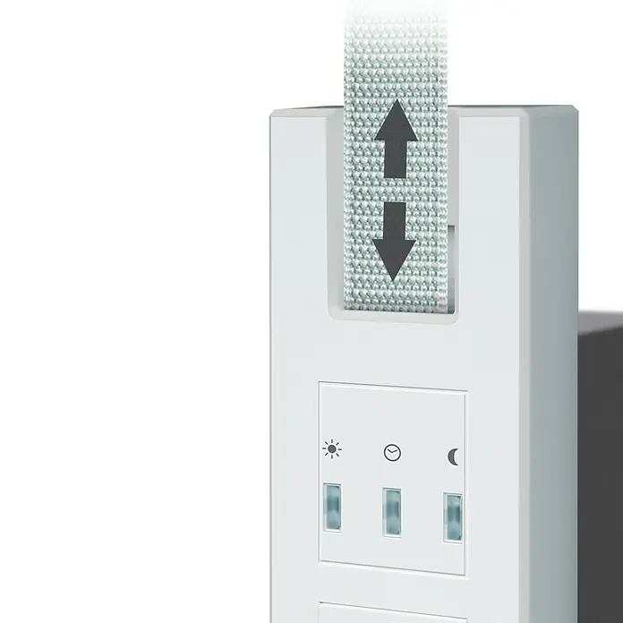 Schellenberg Recogedor de cinta de persiana inhalámbrico Rollodrive 65 Premium - Fuerza de tracción: 45 kg, Anchura de la correa: 23 mm, Empotrado - Primer plano de un interruptor de escena de luz blanco con iconos para la configuración del brillo y una cinta con flechas para su operación.