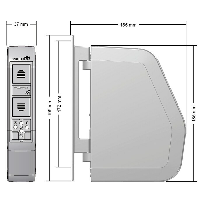 Schellenberg Funk-Rollladen-Gurtwickler Rollo Drive 75 PremiumL x B x H: 155 x 37 x 199 mm, Gurtbreite: 14 mm - 15 mm, Zugkraft: 30 kg, Unterstützte Systeme: Abus Smart Friends System Sketch