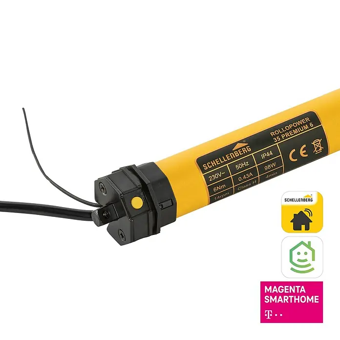 Schellenberg Funk-Rohrmotor Premium 6 MiniMax. Rollladenfläche: 4 m² bei Kunststoffrollläden, Einbaulänge: 570 mm, Zugkraft: 15 kg - Nahaufnahme eines Schellenberg Rollladenmotors, gelb, mit Produktinformationen und Smart Home Logos.