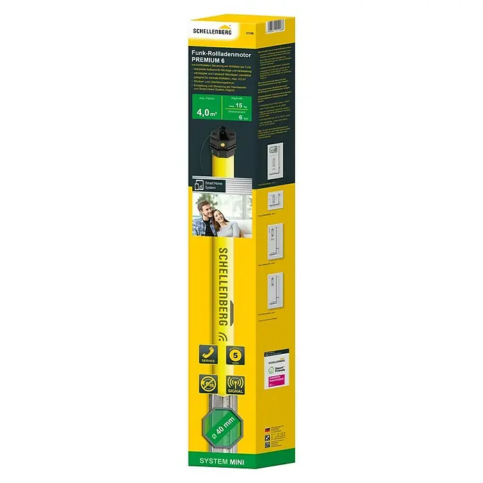 Schellenberg Funk-Rohrmotor Premium 6 MiniMax. Rollladenfläche: 4 m² bei Kunststoffrollläden, Einbaulänge: 570 mm, Zugkraft: 15 kg - Produktverpackung für einen Schellenberg Funk-Rollladenmotor Premium 6. Der Motor ist geeignet für Rollläden bis 4,0 m² Fläche.