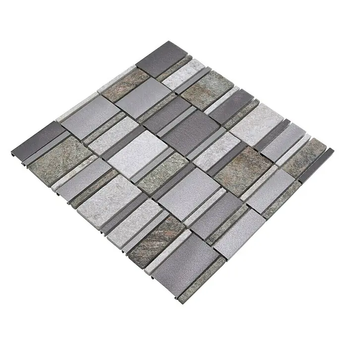 Mosaikfliese Mix XSA 505 - 29,8 x 29,4 cm, Silber, Matt - Nahaufnahme von Dekorfliesen in Grau- und Naturtönen, die ein raffiniertes Muster aufweisen und eine moderne Ästhetik bieten.