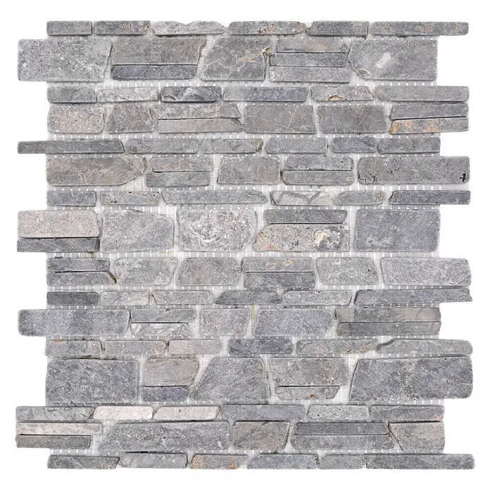 Mosaikfliese MOS BRICK 230 - 30,5 x 30,5 cm, Grau, Matt - Graue Steinmosaikfliese mit unregelmäßigen Formen und Größen für Wand- und Bodenanwendungen, ideal für ein rustikales oder natürliches Design.