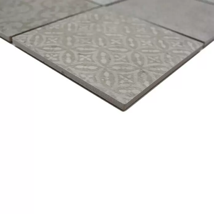 Mosaikfliese Quadrat Shabby CELLO - 29,8 x 29,8 cm, Grau, Matt - Hellgraue, gemusterte Keramikfliese, die ihr dezentes Design und die strukturierte Kante zeigt.