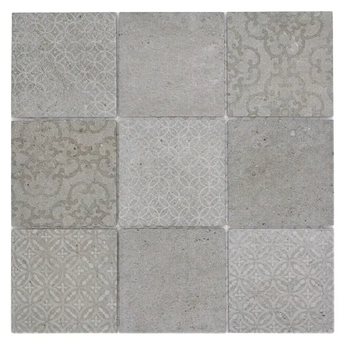 Mosaikfliese Quadrat Shabby CELLO - 29,8 x 29,8 cm, Grau, Matt - Graue dekorative Bodenfliesen mit floralen und geometrischen Mustern, ideal für stilvolle Innenräume.