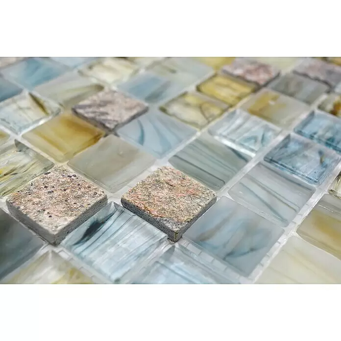 Mosaikfliese Quadrat Crystal Mix XCR 2505 - 30,2 x 30,2 cm, Grau, Glänzend - Mosaikfliesen aus Glas und Naturstein in Blau-, Gelb- und Grautönen.