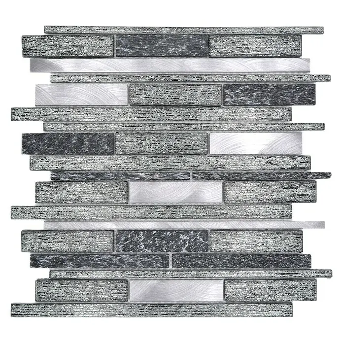 Mosaikfliese Verbund Crystal Mix XAM GV84 - 29,8 x 31 cm, Schwarz, Glänzend - Silbernes Mosaikfliesenmuster mit horizontalen rechteckigen Elementen und metallischen Akzenten für ein modernes Design.