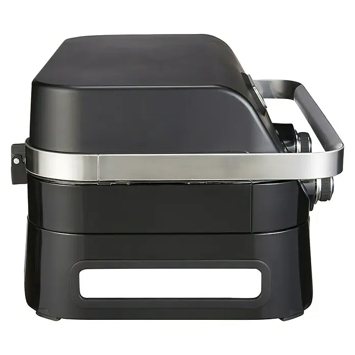 Campingaz Gasgrill Attitude 2100 LX - Grillfläche (B x T): 58 x 36 cm, 5 kW, Anzahl Brenner: 2 - Schwarzer, tragbarer Grill mit silbernem Griff und rechteckiger Öffnung zur Belüftung, ideal für unterwegs.