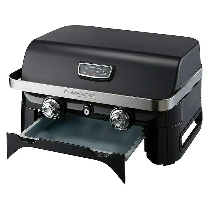 Campingaz Gasgrill Attitude 2100 LX - Grillfläche (B x T): 58 x 36 cm, 5 kW, Anzahl Brenner: 2 - Abbildung des Campingaz Attitude 2100 EX Tischgrills. Kompakter Grill mit Thermometer, ideal für Camping und Balkon.