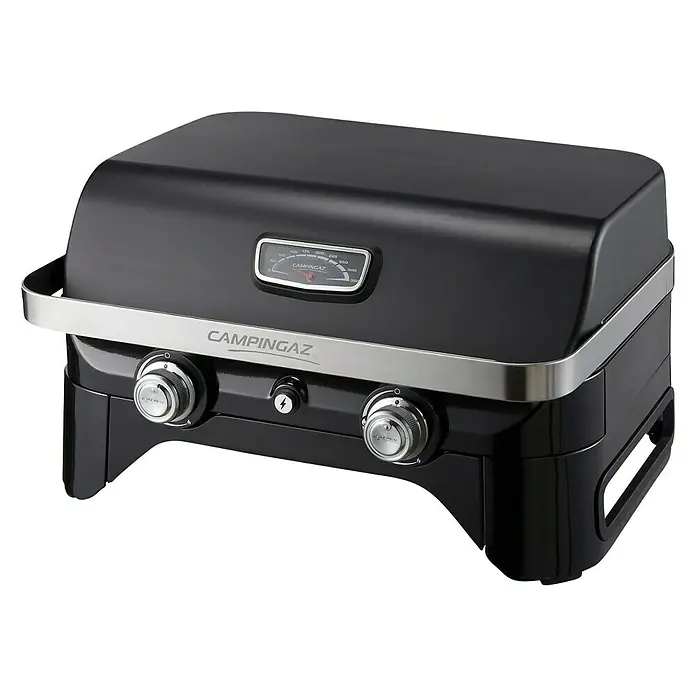 Campingaz Gasgrill Attitude 2100 LX - Grillfläche (B x T): 58 x 36 cm, 5 kW, Anzahl Brenner: 2 - Schwarzer Campingaz-Grill mit Temperaturanzeige und zwei Drehknöpfen zur Hitzeregulierung.
