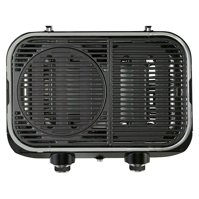 Campingaz Gasgrill Attitude 2100 LX - Grillfläche (B x T): 58 x 36 cm, 5 kW, Anzahl Brenner: 2 - Nahaufnahme eines Tischgrills mit Grillrosten und Drehknöpfen, ideal für Indoor-Grillvergnügen.