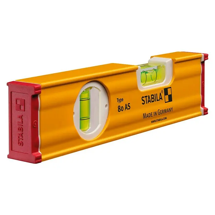 Stabila Wasserwaage TYPE 80 AS - Länge: 20 cm, Anzahl Libellen: 2 Stk. - Ein gelbes Stabila 80 AS Wasserwaage, ideal zum präzisen Ausrichten bei Bauprojekten und Heimwerkerarbeiten, mit roten Endkappen.