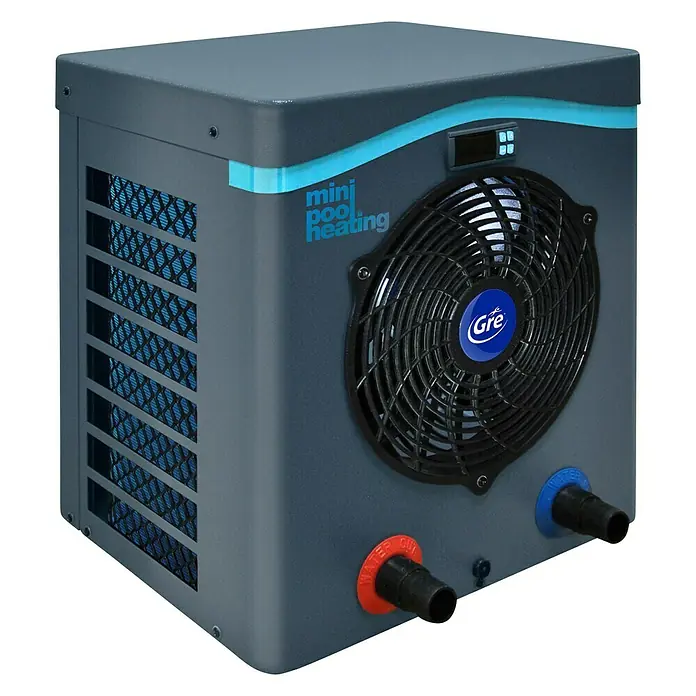 Gre Wärmepumpe Plug&Heat - Passend für: Pools bis 30.000 l Beckeninhalt - Das Bild zeigt eine Mini-Poolheizung von Gre, ideal für kleine Pools. Das Gerät ist kompakt und hat Anschlüsse für Wasser.