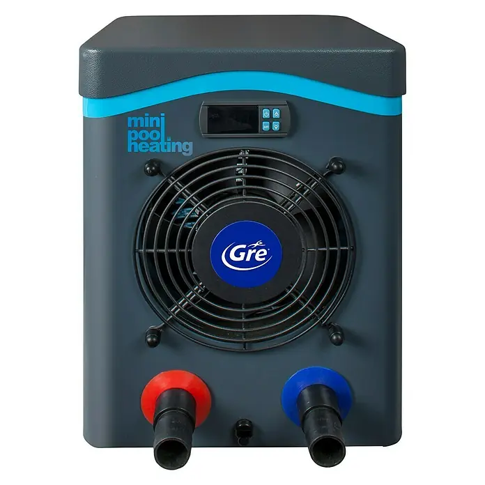 Gre Wärmepumpe Plug&Heat - Passend für: Pools bis 20.000 l Beckeninhalt - Nahaufnahme der Gre Mini Poolheizung, ein kompaktes und effizientes Gerät zum Beheizen von Pools, mit Steuerung und Anschlüssen.