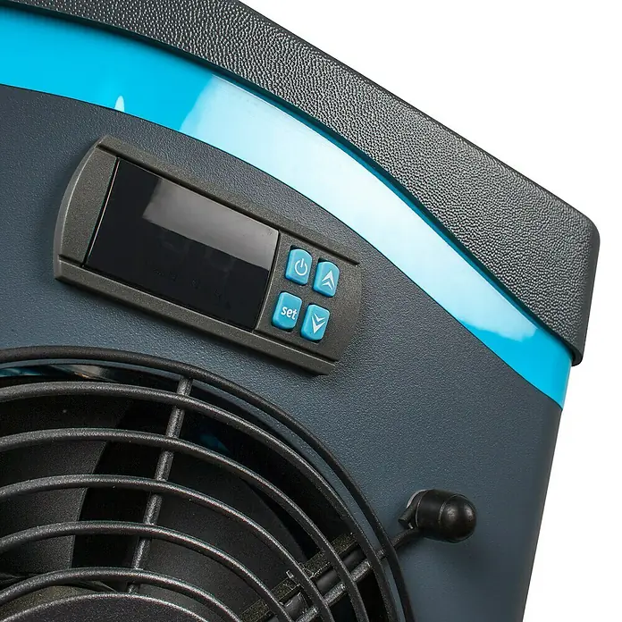 Gre Wärmepumpe Plug&Heat - Passend für: Pools bis 20.000 l Beckeninhalt - Nahaufnahme eines Kühlgeräts mit digitaler Steuerung und Ventilator für präzise Temperaturregelung.
