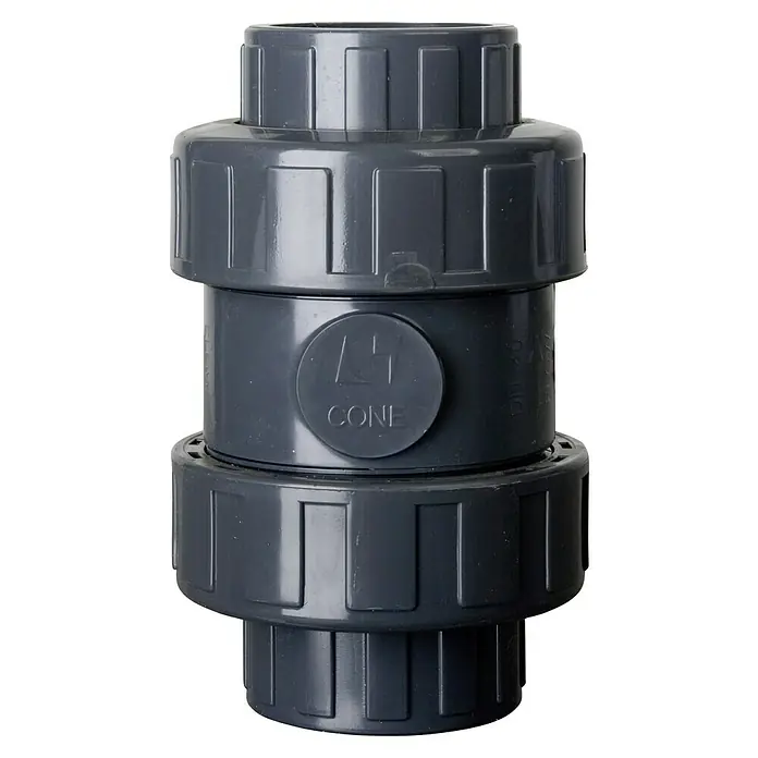 Gre Rückschlagventil - Passend für: Schläuche mit Ø 50 mm - Nahaufnahme eines grauen PVC-Rückschlagventils mit Verschraubungen, ideal für Sanitäranwendungen.