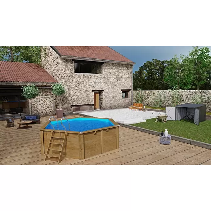 Gre Holz-Pool Vanille 2 - Ø x H: 400 x 119 cm, Braun, 8.000 l - Sechseckiger Holzrahmen-Aufstellpool mit Leiter auf einer Holzterrasse.