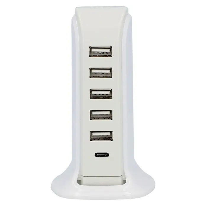 UniTEC Ladestation 6-Port-USB A/C - Weiß, 5 V, 7,5 x 9,1 x 17 cm - Weisses USB-Ladegerät mit mehreren Anschlüssen. Das Ladegerät verfügt über fünf USB-A-Anschlüsse und einen USB-C-Anschluss für schnelles Laden.