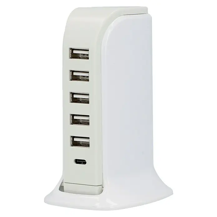 UniTEC Ladestation 6-Port-USB A/C - Weiß, 5 V, 7,5 x 9,1 x 17 cm - Weißer USB-Ladeturm mit mehreren Anschlüssen zum gleichzeitigen Laden verschiedener Geräte. Effizientes und stilvolles Design.