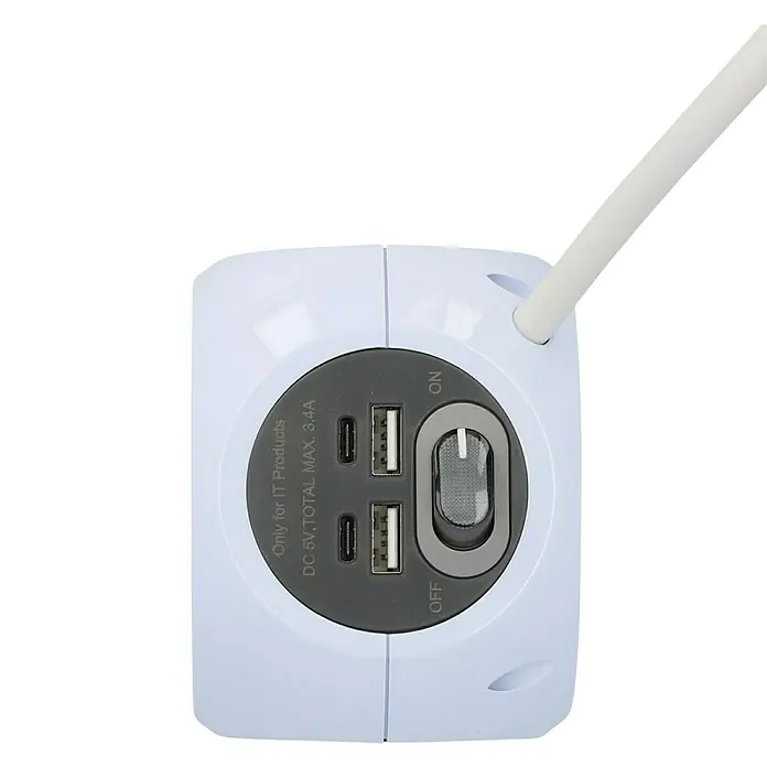 Blaupunkt Steckdosenwürfel mit Induktion - Weiß, 1,4 m, IP20 - Nahaufnahme eines weißen USB-Hubs mit zwei USB-Anschlüssen und einem Ein-/Ausschalter. Ideal zum Aufladen von IT-Produkten mit DC 5V.