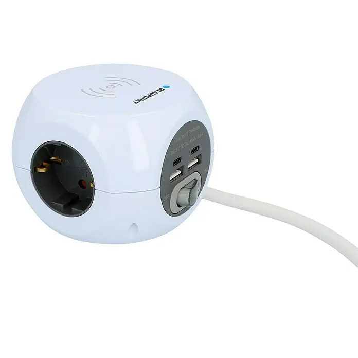 Blaupunkt Steckdosenwürfel mit Induktion - Weiß, 1,4 m, IP20 - Nahaufnahme einer weißen, würfelförmigen Steckdosenleiste mit USB-Anschlüssen und kabelloser Ladefunktion der Marke Blaupunkt.