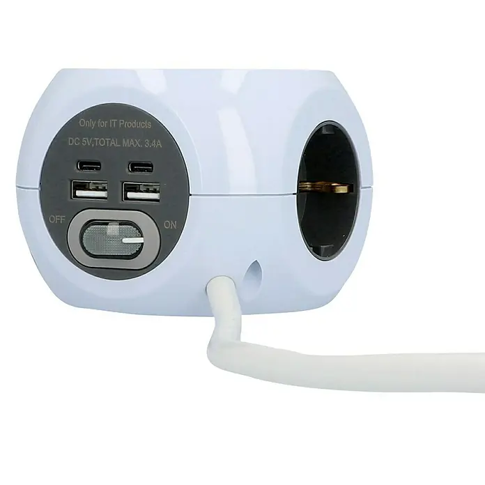 Blaupunkt Steckdosenwürfel mit Induktion - Weiß, 1,4 m, IP20 - Ein weißer Würfel-Steckdosenadapter mit USB-Anschlüssen und einem EU-Steckdosenanschluss für IT-Produkte.