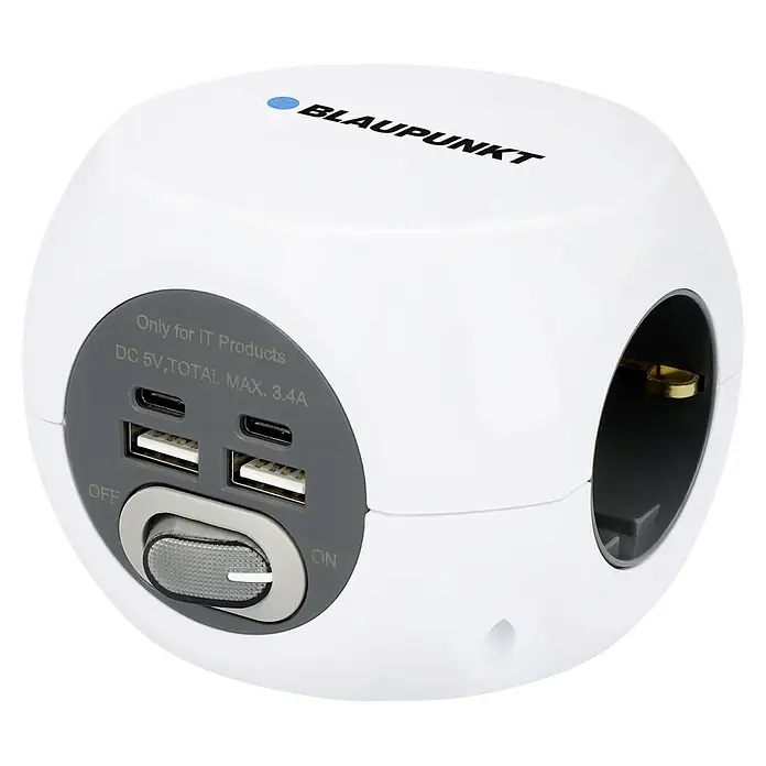 Blaupunkt Steckdosenwürfel - Weiß, 1,4 m, IP20 - Das Bild zeigt einen weißen, würfelförmigen Mehrfachstecker von Blaupunkt mit USB-Anschlüssen und einem Schalter zum Ein- und Ausschalten.