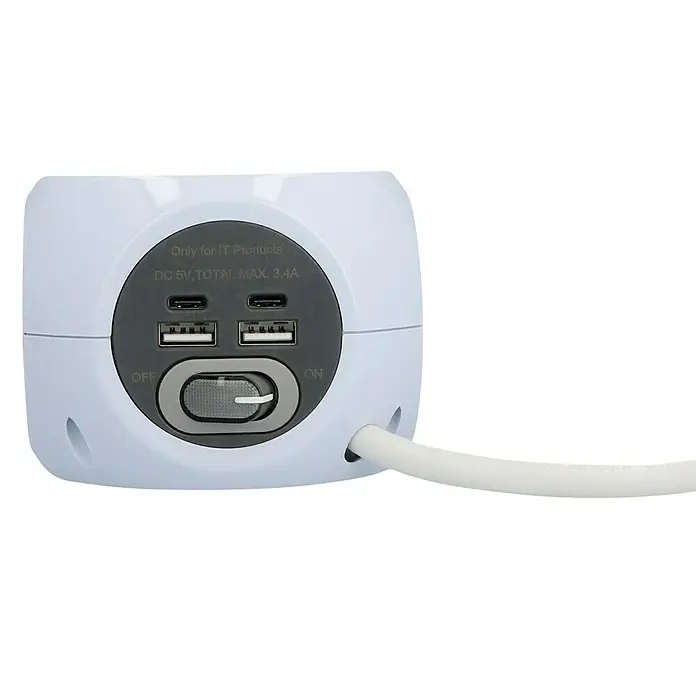 Blaupunkt Steckdosenwürfel - Weiß, 1,4 m, IP20 - Ein kompakter, weißer USB-Ladewürfel mit mehreren Anschlüssen und einem Schalter zum Ein- und Ausschalten.
